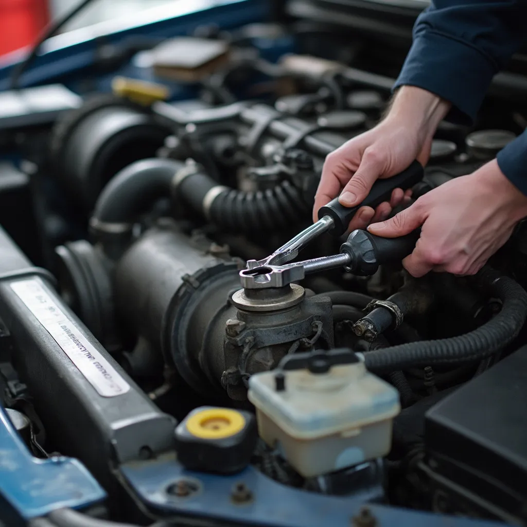 Mechaniker bei der detaillierten Motorreparatur an einem modernen Fahrzeug.