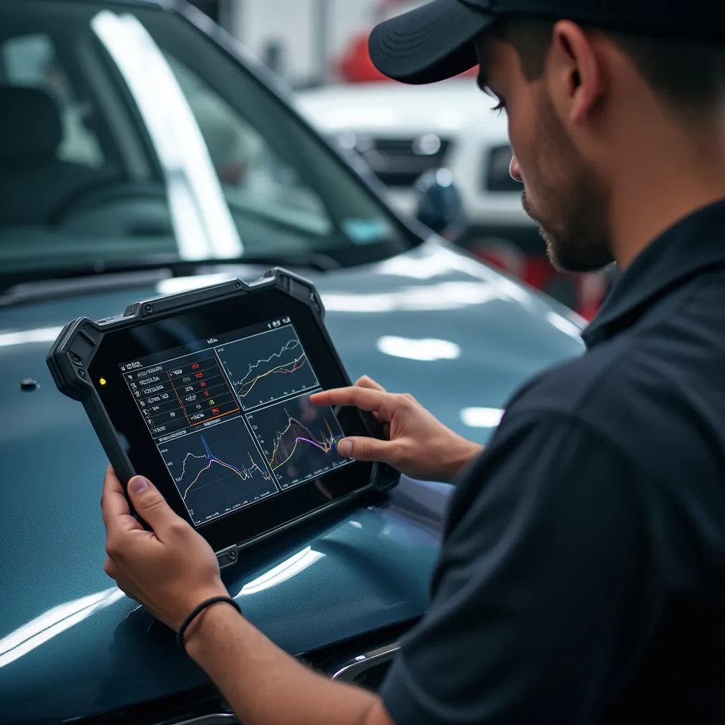 KFZ-Mechatroniker verwendet moderne Diagnosegeräte zur Fehleranalyse.